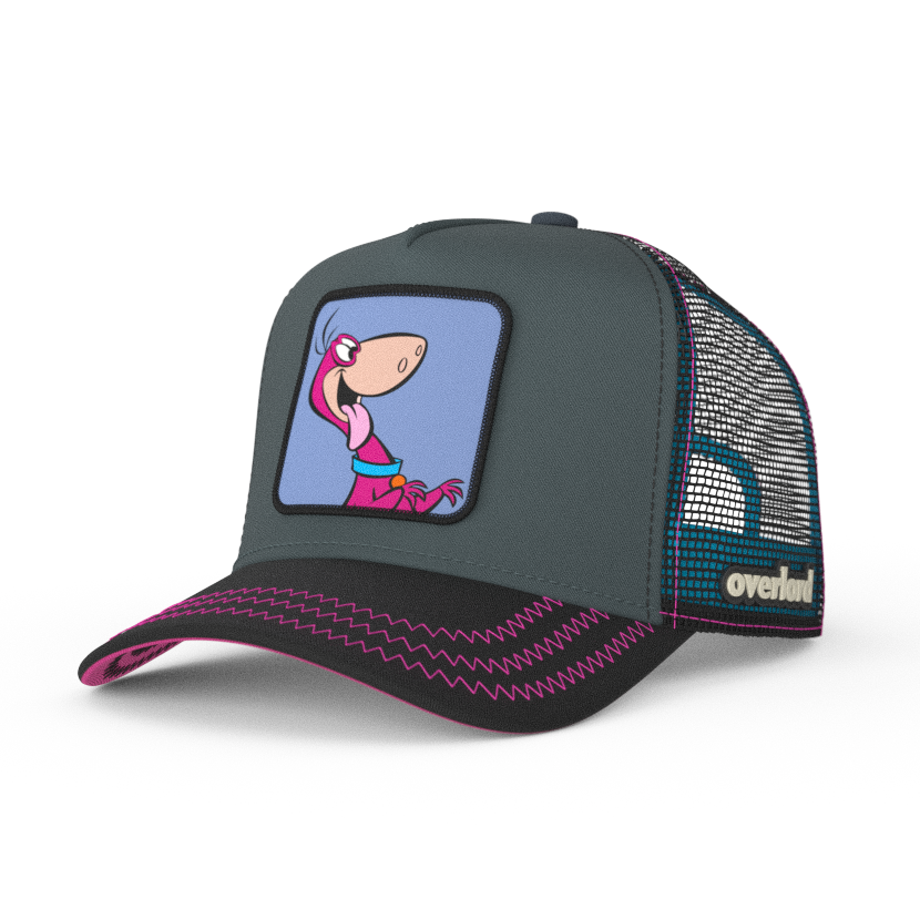 Steel Blue and black OVERLORD X Flintstones Dino trucker baseball cap with hot pink zig zag  stitching. PVC Overlord logo.