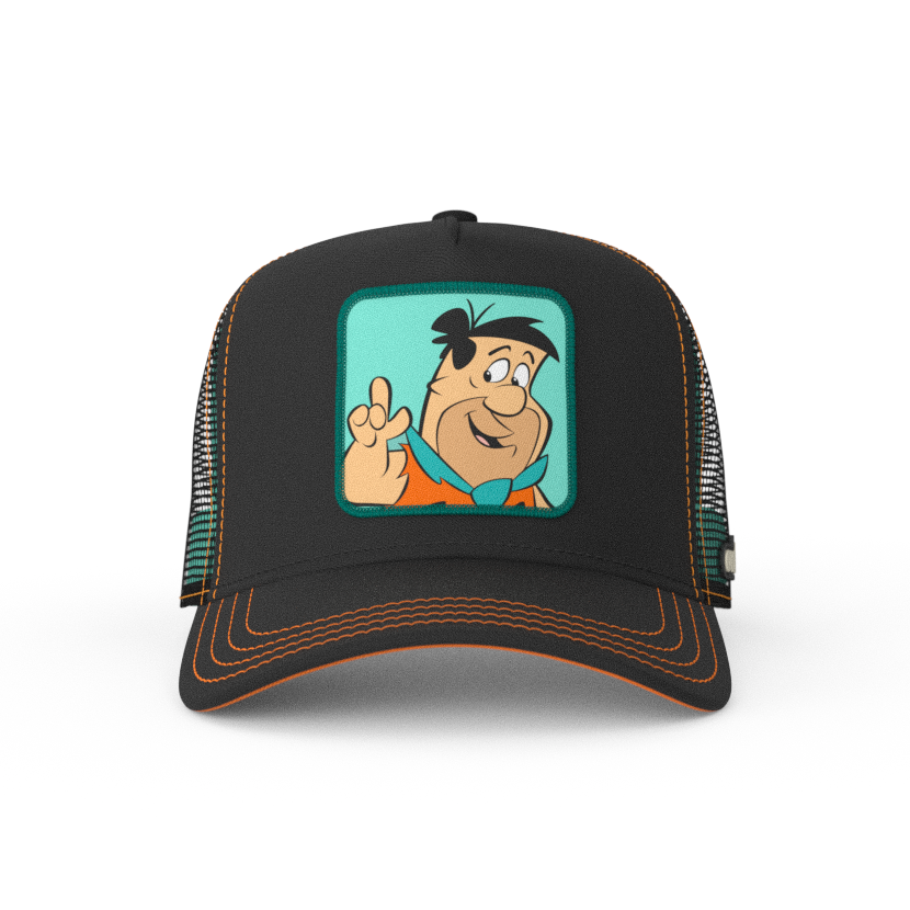 Black OVERLORD X Flintstones Fred Flintstone trucker baseball cap with orange stitching. PVC Overlord logo.