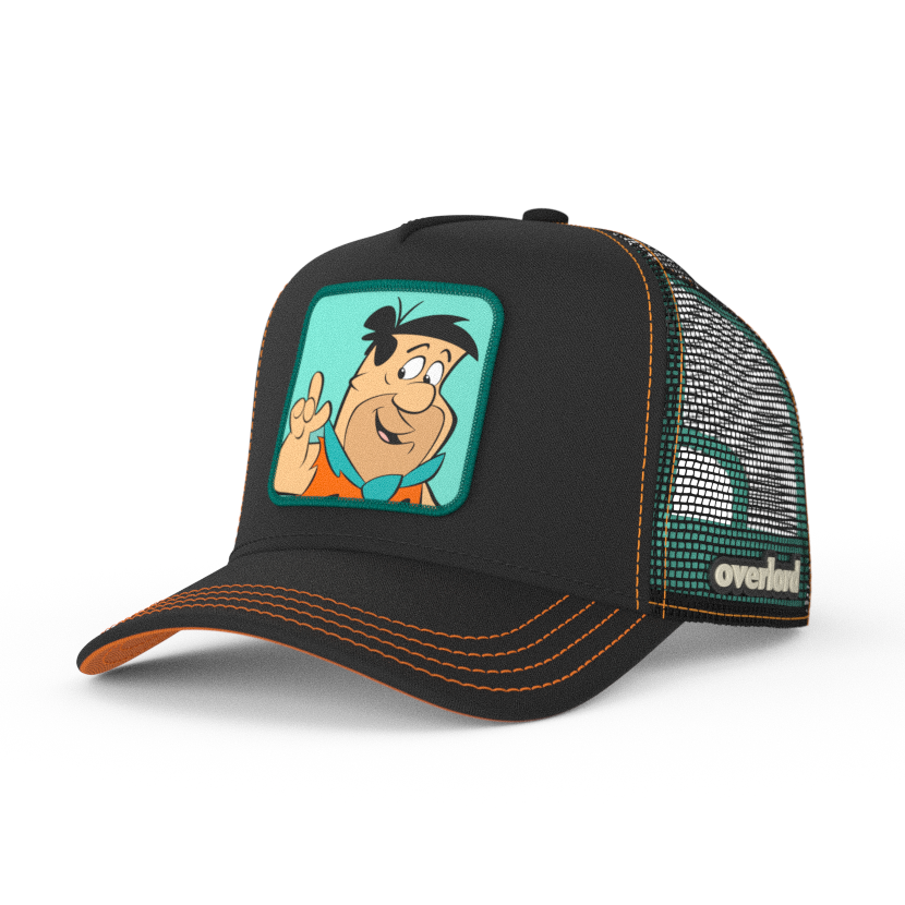 Black OVERLORD X Flintstones Fred Flintstone trucker baseball cap with orange stitching. PVC Overlord logo.