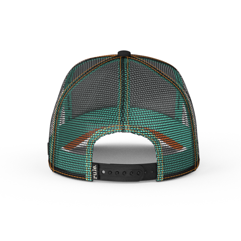Black OVERLORD X Flintstones Fred Flintstone trucker baseball cap with black mesh and black adjustable strap. PVC Overlord logo.