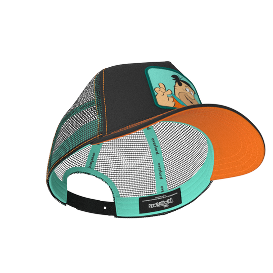 Black OVERLORD X Flintstones Fred Flintstone trucker baseball cap with light turquoise sweatband and orange under brim.