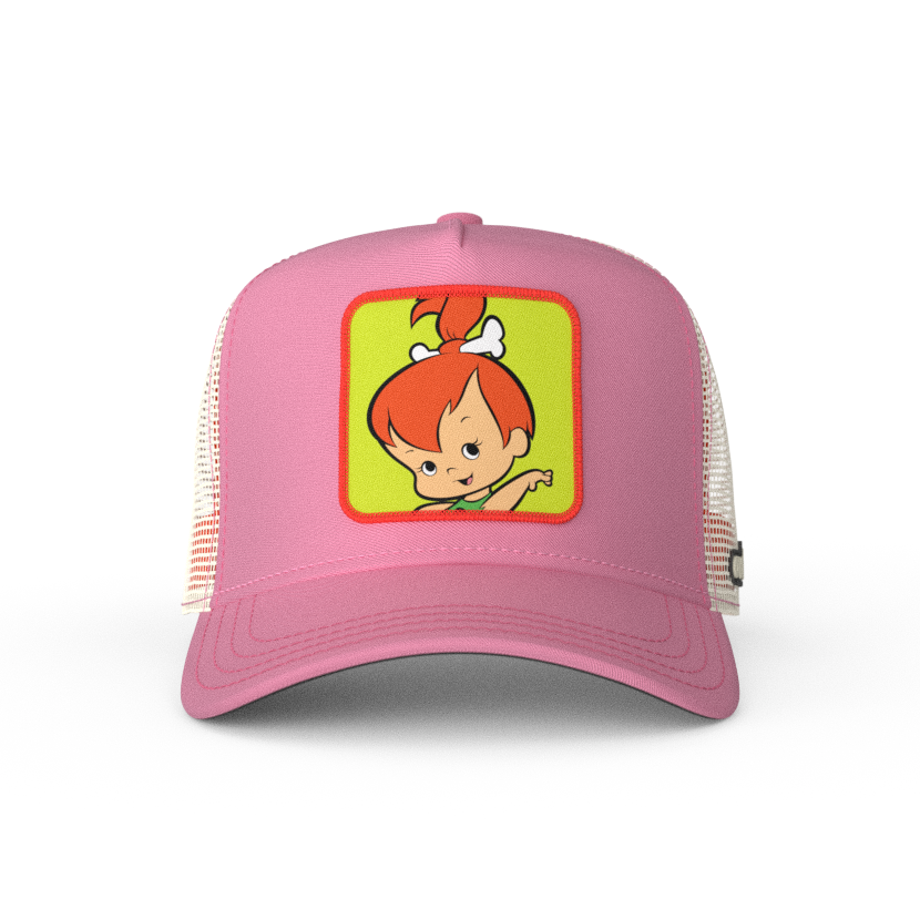 Pink OVERLORD X Flintstones Pebbles trucker baseball cap with dark pink stitching. PVC Overlord logo.