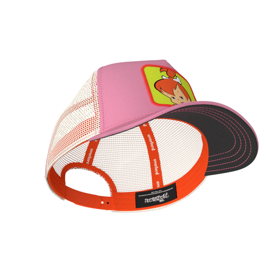 Pink OVERLORD X Flintstones Pebbles trucker baseball cap with dark orange sweatband and black under brim.