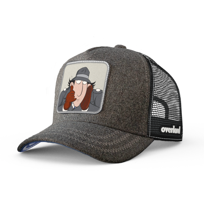 Dark gray cashmere wool trucker cap hat with Inspector Gadget woven patch against a white background