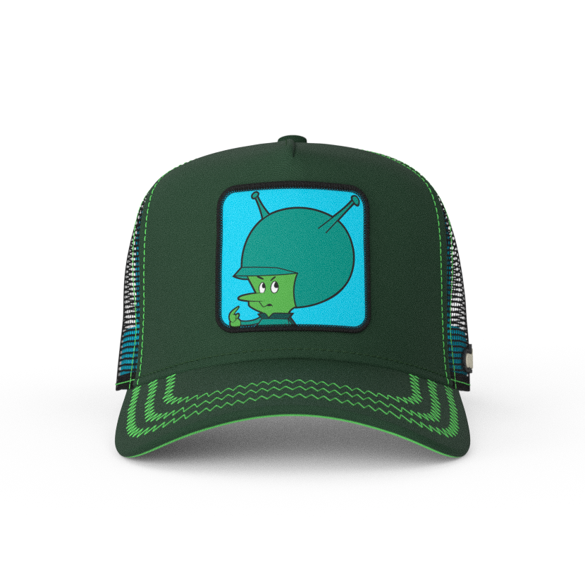 Forest green OVERLORD X Flintstones Great Gazoo trucker baseball cap hat with green zig zag stitching. PVC Overlord logo.