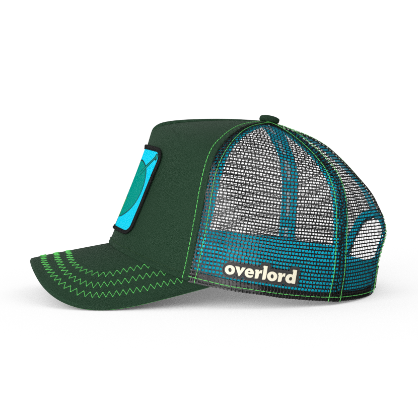 Forest green OVERLORD X Flintstones Great Gazoo trucker baseball cap hat with black mesh. PVC Overlord logo.