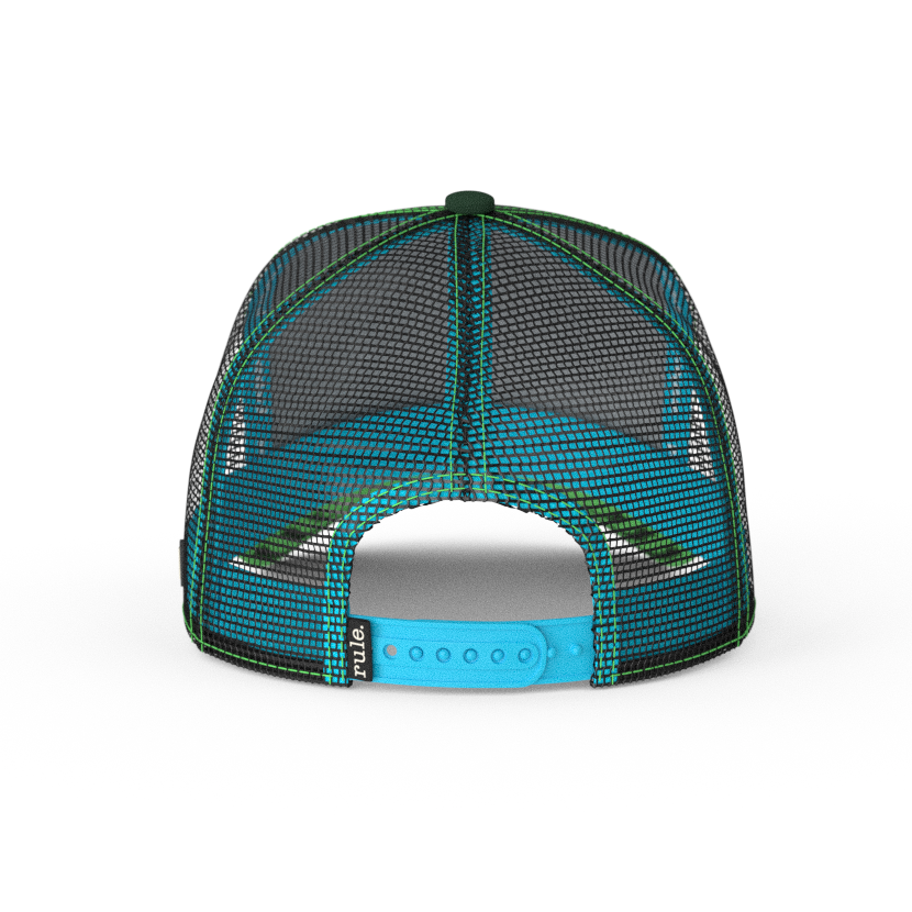 Forest green OVERLORD X Flintstones Great Gazoo trucker baseball cap hat with black mesh and turquoise adjustable strap.