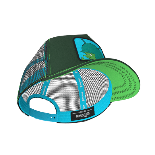 Forest green OVERLORD X Flintstones Great Gazoo trucker baseball cap hat with turquoise sweatband and bright green under brim.