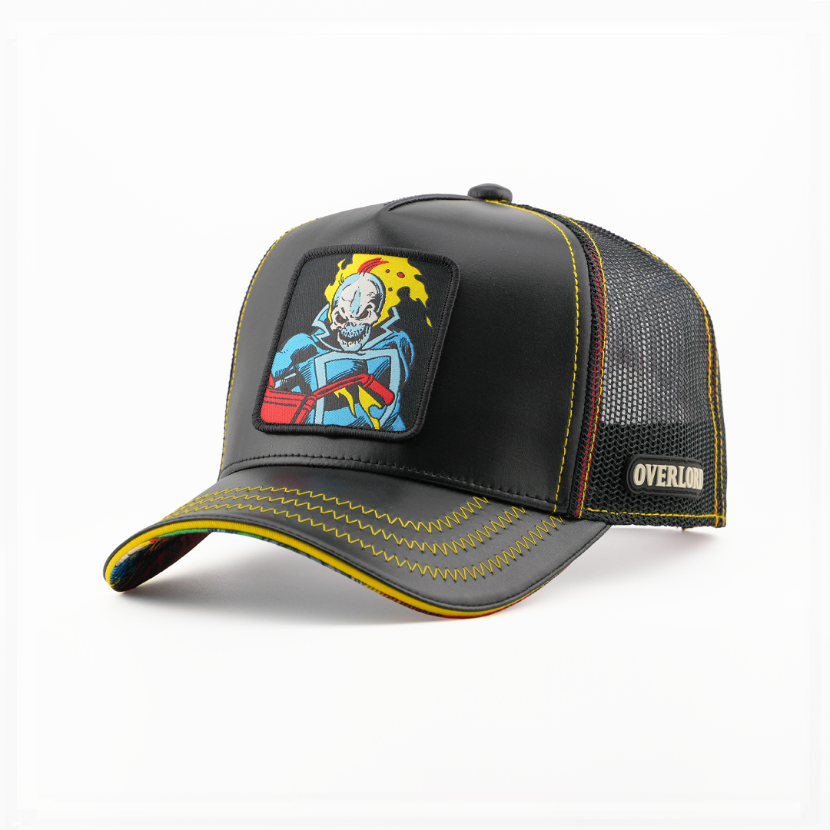 Glossy black trucker cap with a Marvel's Ghost Rider patch, yellow accent stitching, and an Overlord logo on the mesh.