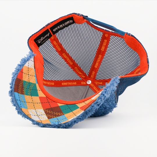 Underside of the Gonzo retro trucker cap, showing an argyle-print brim, a Disney tag, gray mesh crown, and orange Overlord branded taping with orange text.
