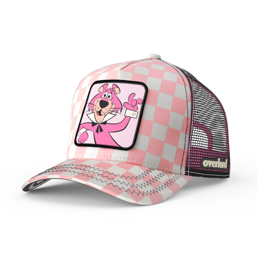 Pink and white checkered trucker cap with black mesh featuring a woven patch of Snagglepus from the classic Hanna-Barbera cartoons attached to the crown.