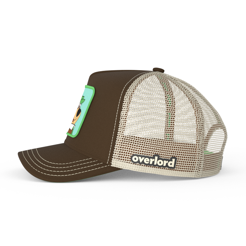 Brown twill trucker cap with khaki mesh featuring a woven patch of Yogi Bear attached to the crown.