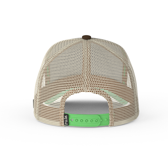 Back view of brown twill trucker cap with khaki mesh and green adjustable strap.