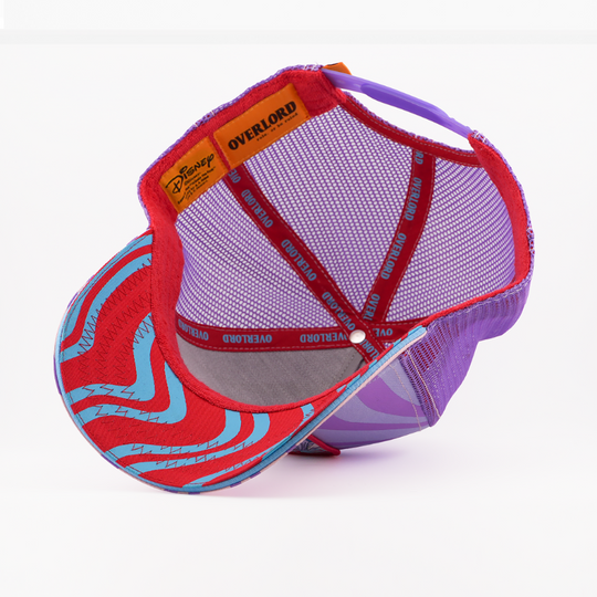 Colorful cap with a mesh back and decorative patterns on a white background
