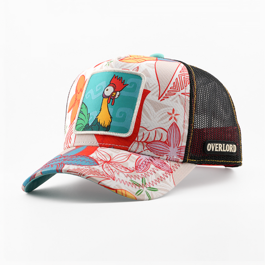 Cream floral-print retro trucker cap with a patch of Hei Hei from Disney's Moana on a teal background, black mesh back with tan Overlord logo.