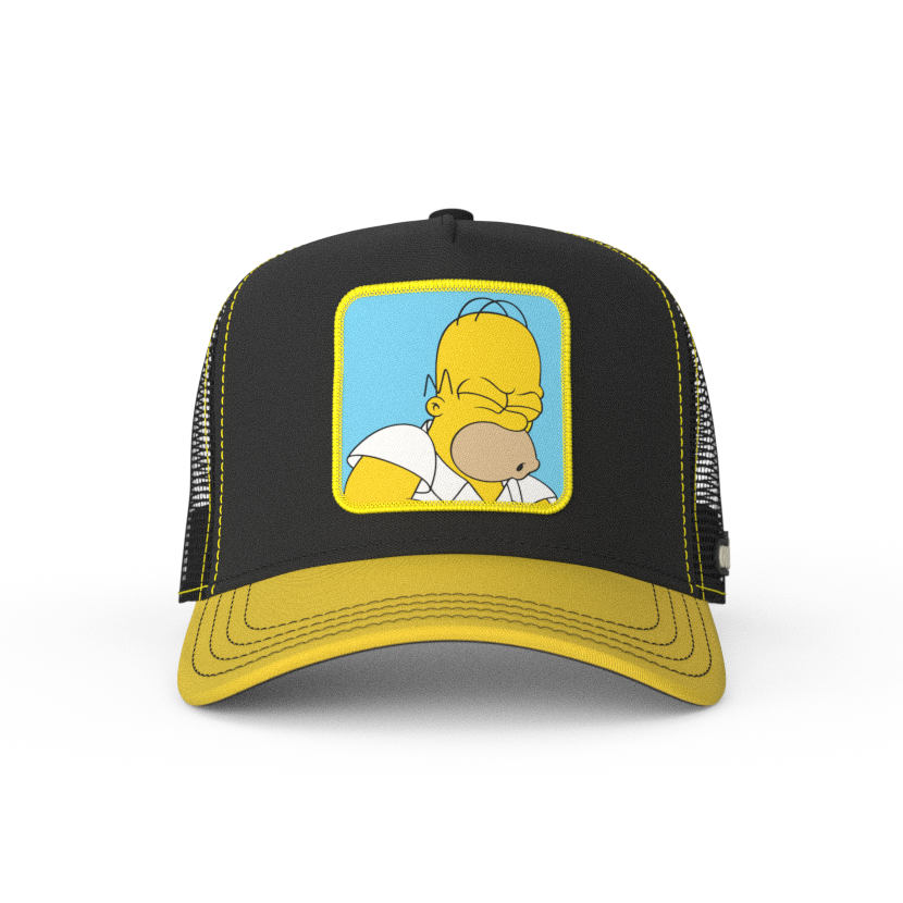 Black and yellow OVERLORD X The Simpsons Homer Doh trucker baseball cap hat with black stitching. PVC Overlord logo.