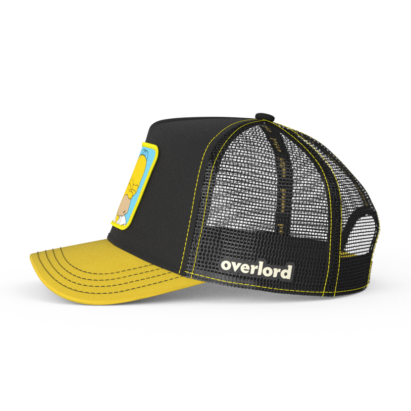 Black and yellow OVERLORD X The Simpsons Homer Doh trucker baseball cap hat with black mesh. PVC Overlord logo.