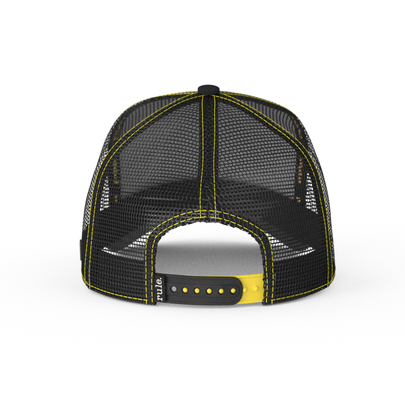 Black and yellow OVERLORD X The Simpsons Homer Doh trucker baseball cap hat with black mesh and black and yellow adjustable strap. 