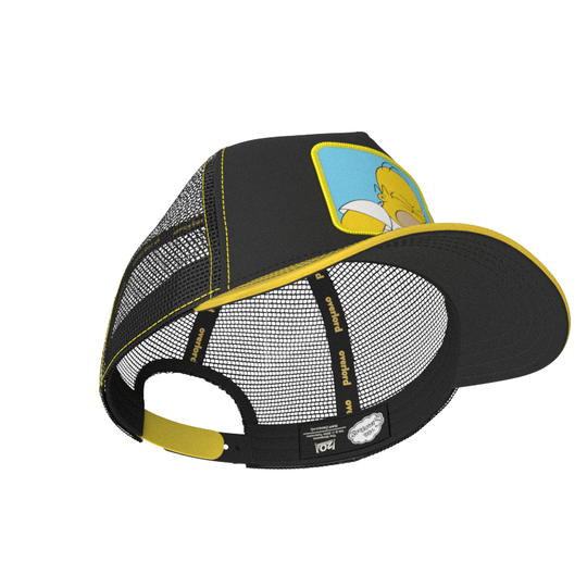Black and yellow OVERLORD X The Simpsons Homer Doh trucker baseball cap hat with black sweatband and under brim.
