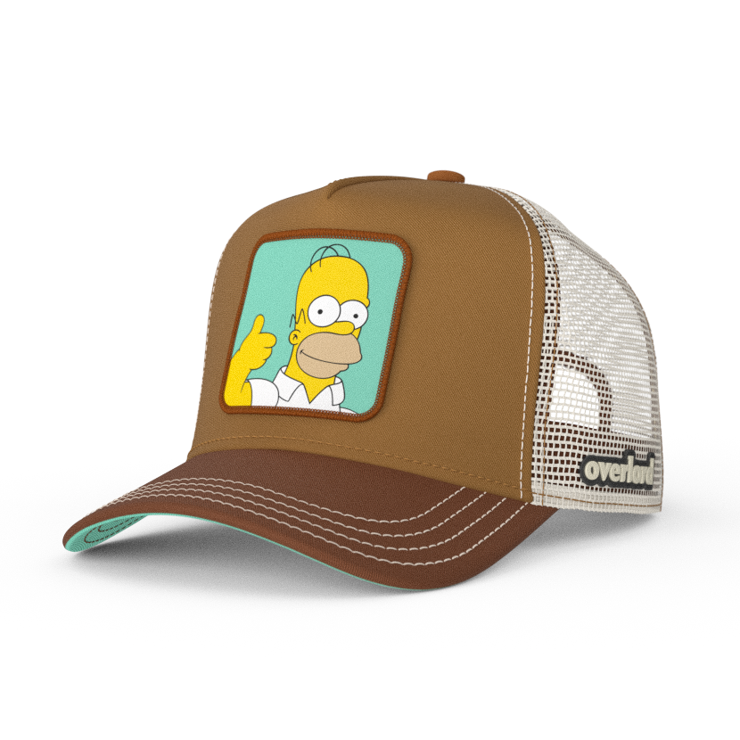 Brown OVERLORD X The Simpsons Homer doing thumbs up trucker baseball cap hat with khaki stitching. PVC Overlord logo.