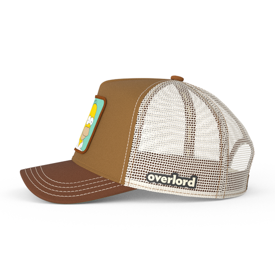 Brown OVERLORD X The Simpsons Homer doing thumbs up trucker baseball cap hat with cream mesh. PVC Overlord logo.