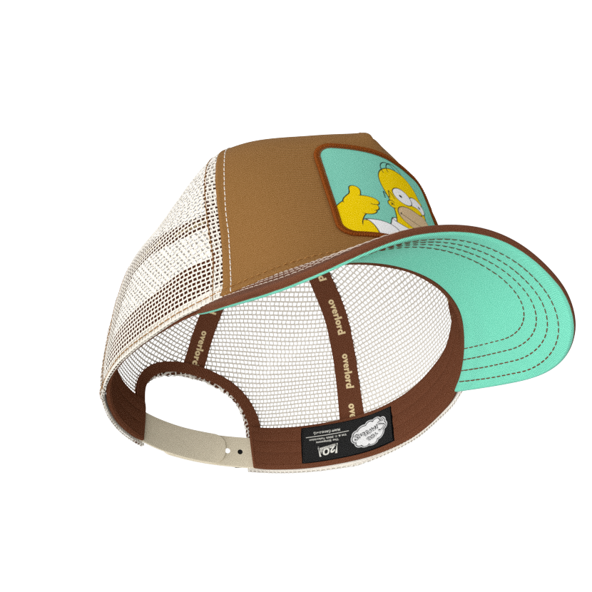Brown OVERLORD X The Simpsons Homer doing thumbs up trucker baseball cap hat with brown sweatband and light turquoise under brim.