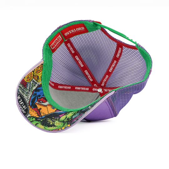 Underside view of the Hulk cap showing a comic-print brim, purple mesh crown, and green-trimmed Overlord branded taping.