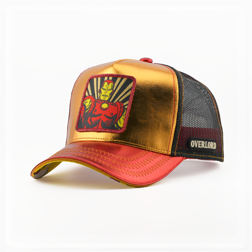 Metallic gold trucker cap with a Marvel's Iron Man patch, a red brim, and black mesh with the Overlord logo.