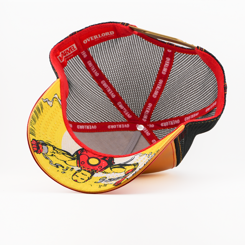 Underside view of the Iron Man cap showing a comic-print brim, black mesh crown, and red Overlord branded taping.