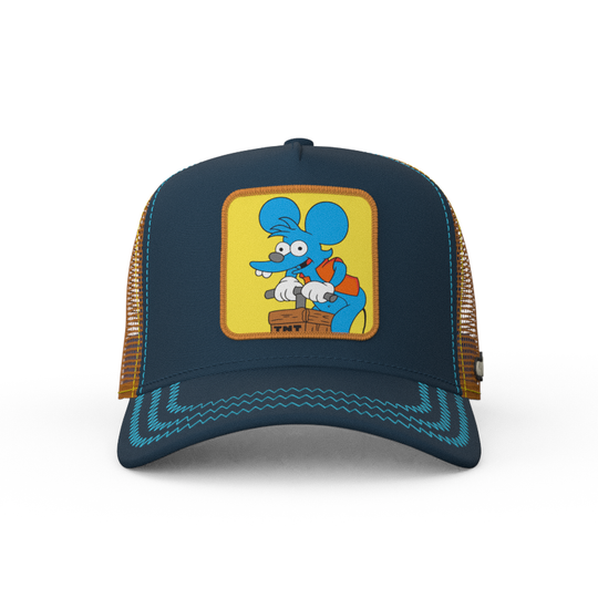 Navy OVERLORD X The Simpsons Itchy the mouse with TNT trucker baseball cap hat with turquoise stitching. PVC Overlord logo.