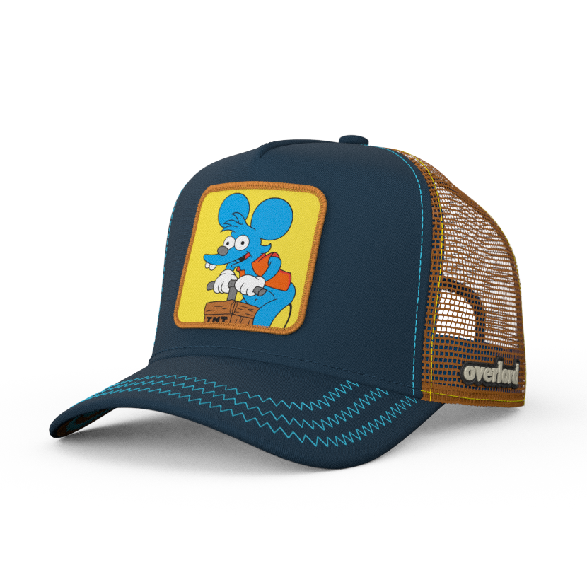 Navy OVERLORD X The Simpsons Itchy the mouse with TNT trucker baseball cap hat with blue stitching. PVC Overlord logo.