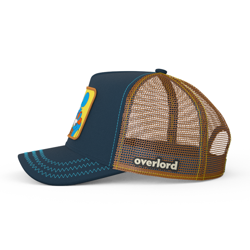 Navy OVERLORD X The Simpsons Itchy the mouse with TNT trucker baseball cap hat with brown mesh. PVC Overlord logo.