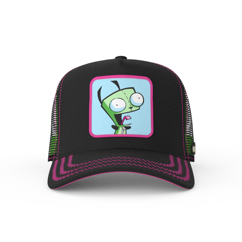 Black OVERLORD X Invader Zim yeliing GIR trucker baseball cap hat with hot pink zig zag stitching. PVC Overlord logo.