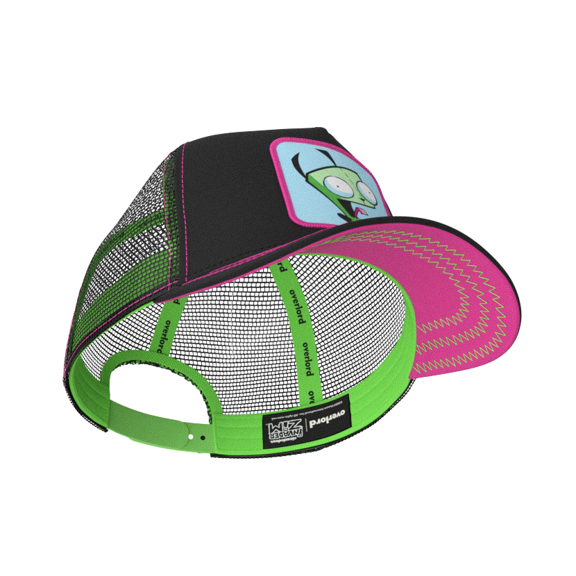 Black OVERLORD X Invader Zim yeliing GIR trucker baseball cap hat with bright green sweatband and hot pink under brim.