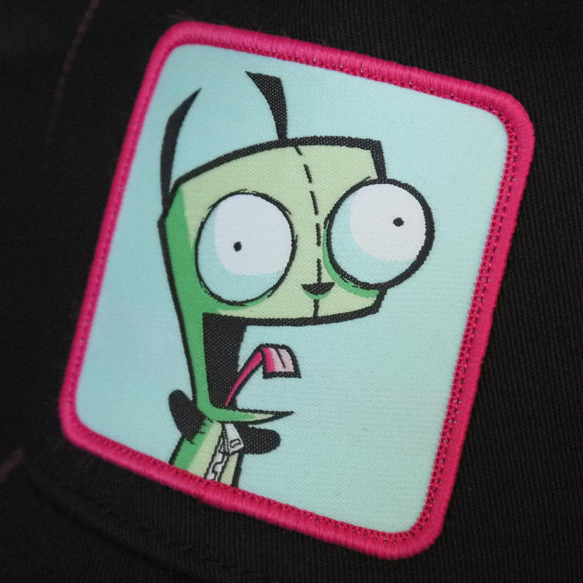 Black OVERLORD X Invader Zim yeliing GIR trucker baseball cap hat woven Overlord patch closeup.