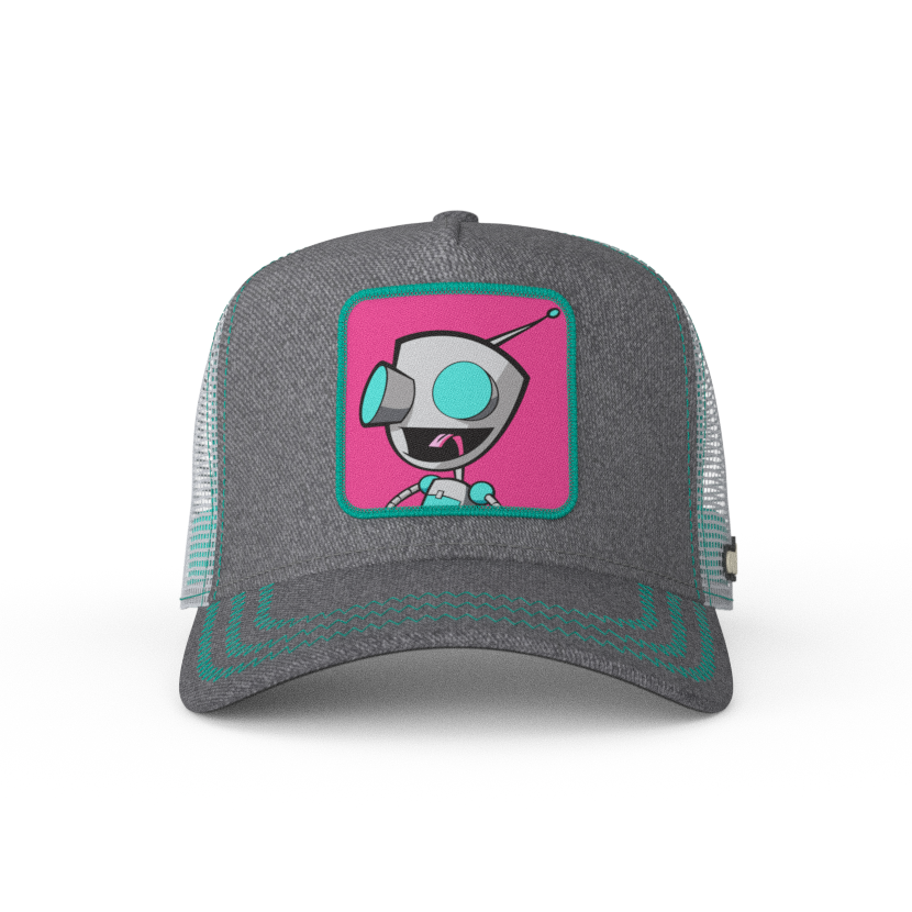 Heather Gray OVERLORD X Invader Zim GIR robot trucker baseball cap hat with turquoise zig zag stitching. PVC Overlord logo.
