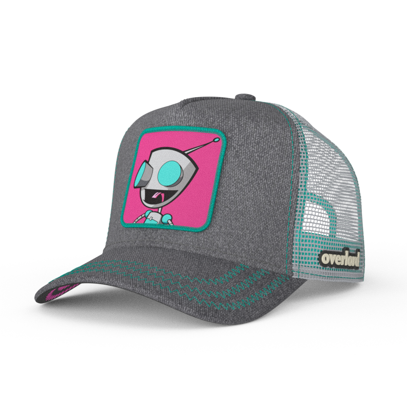 Heather Gray OVERLORD X Invader Zim GIR robot trucker baseball cap hat with turquoise zig zag stitching. PVC Overlord logo.