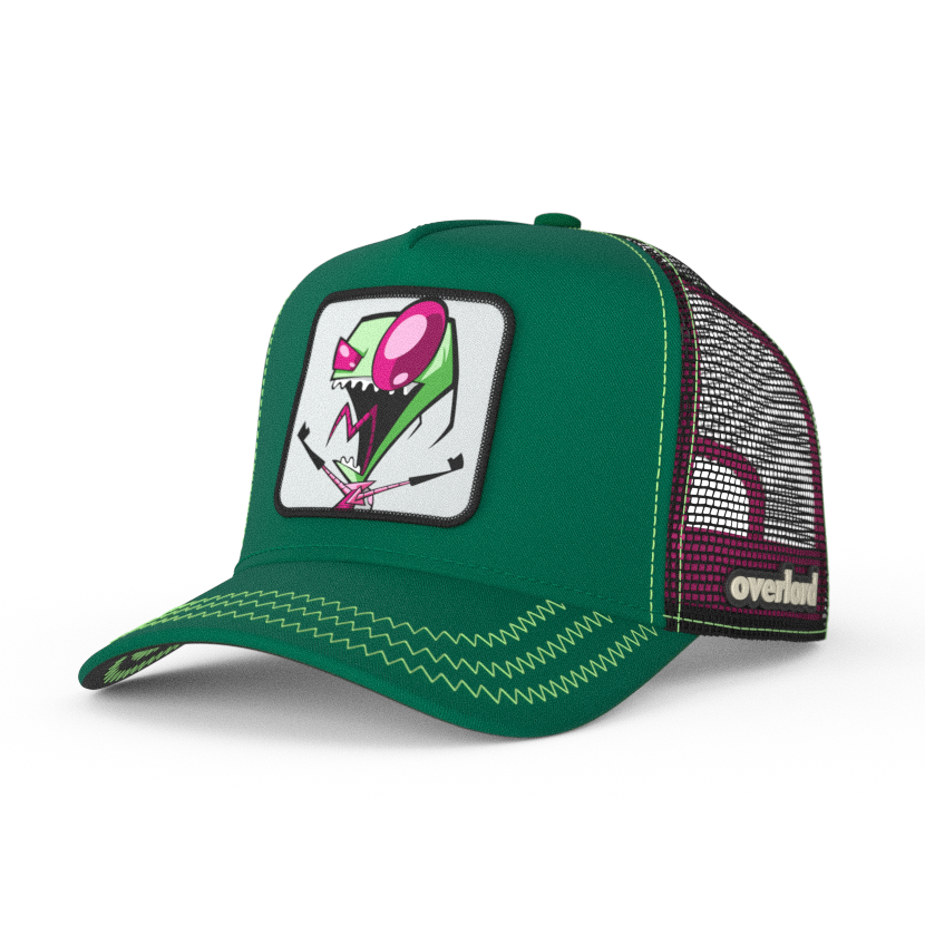 Green OVERLORD X Invader Zim screaming Zim trucker baseball cap hat with light green zig zag stitching. PVC Overlord logo.