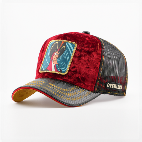 Maroon velvet retro trucker cap with Jafar from Disney's Aladdin patch, croc-print texture brim, black mesh sides, and Overlord logo.