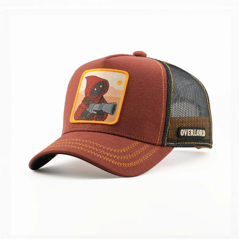 Rust-brown trucker cap with a Jawa from Star Wars patch wielding a blaster, and a black mesh side featuring the Overlord logo.