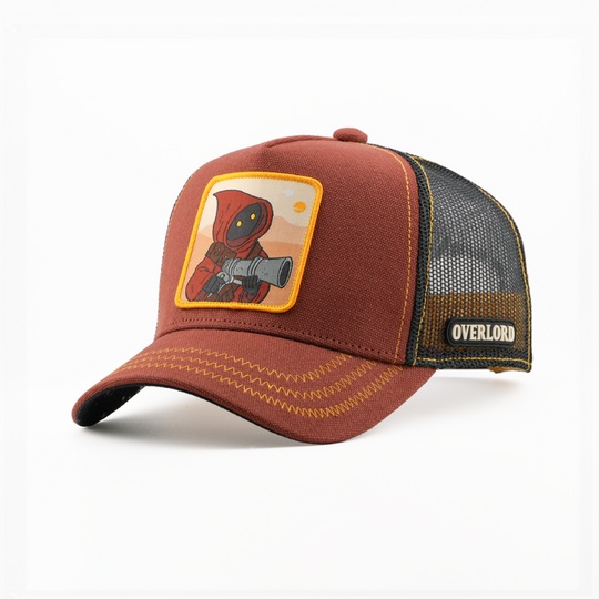 Rust-brown trucker cap with a Jawa from Star Wars patch wielding a blaster, and a black mesh side featuring the Overlord logo.