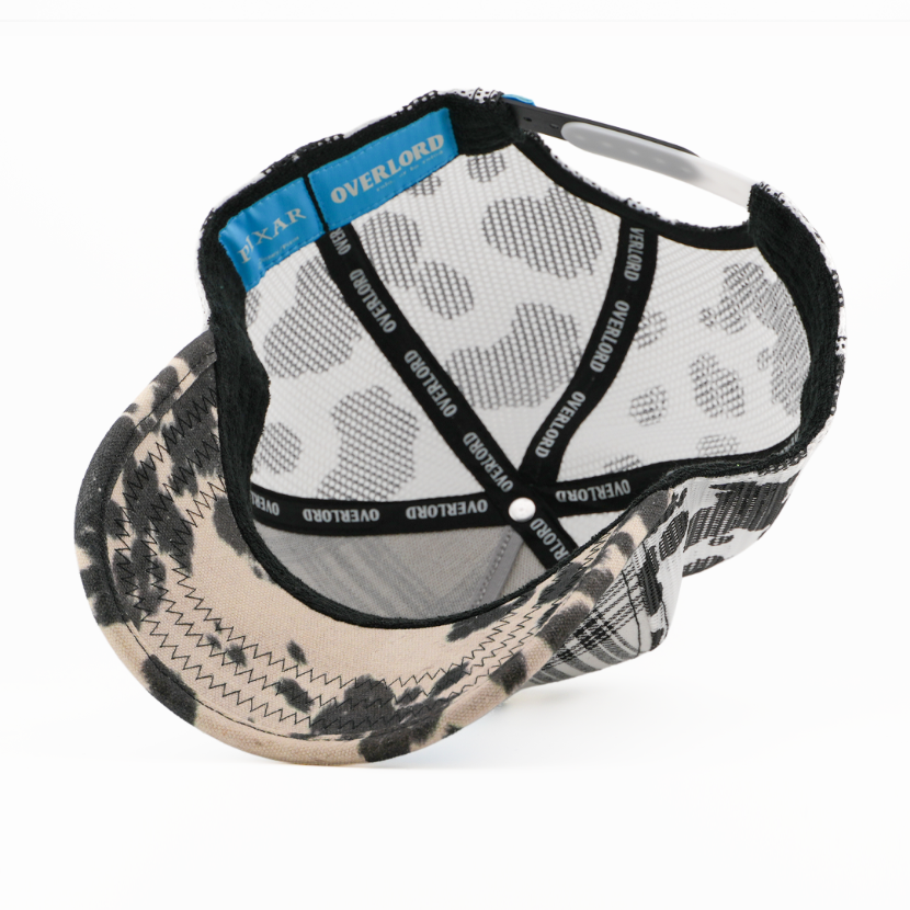 Cap with camouflage brim and patterned back on a white background