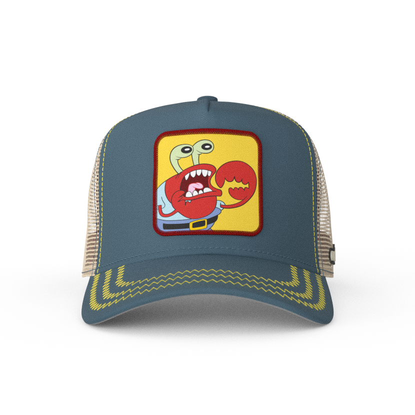 Steel Blue OVERLORD X SpongeBob choking Krusty Krab trucker baseball cap hat with yellow zig zag stitching. PVC Overlord logo.