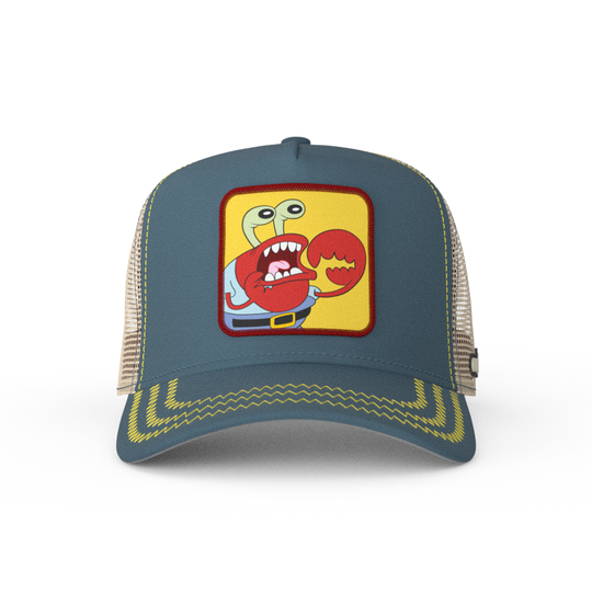 Steel Blue OVERLORD X SpongeBob choking Krusty Krab trucker baseball cap hat with yellow zig zag stitching. PVC Overlord logo.