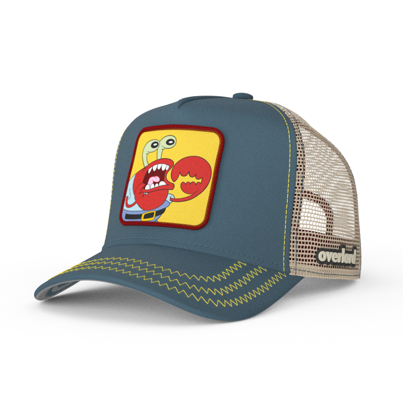 Steel Blue OVERLORD X SpongeBob choking Krusty Krab trucker baseball cap hat with yellow zig zag stitching. PVC Overlord logo.