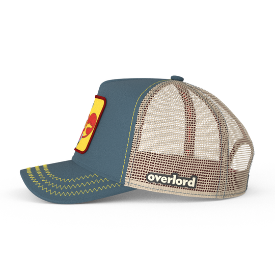 Steel Blue OVERLORD X SpongeBob choking Krusty Krab trucker baseball cap hat with khaki mesh. PVC Overlord logo.