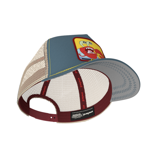 Steel Blue OVERLORD X SpongeBob choking Krusty Krab trucker baseball cap hat with maroon sweatband and gray under brim.