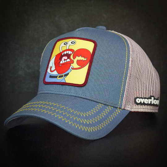 Steel Blue OVERLORD X SpongeBob choking Krusty Krab trucker baseball cap hat with yellow zig zag stitching. PVC Overlord logo.