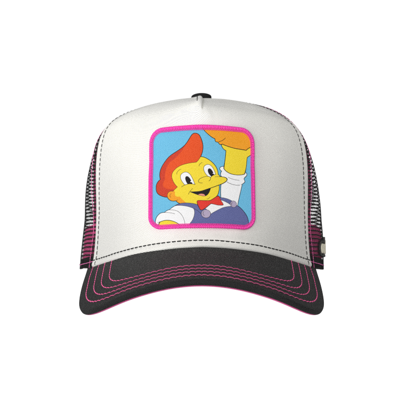 White and black OVERLORD X The Simpsons Lard Lad holding donut trucker baseball cap hat with pink stitching. PVC Overlord logo.