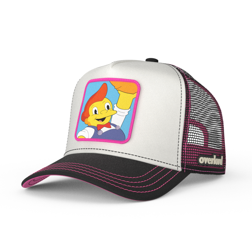 White and black OVERLORD X The Simpsons Lard Lad holding donut trucker baseball cap hat with pink stitching. PVC Overlord logo.